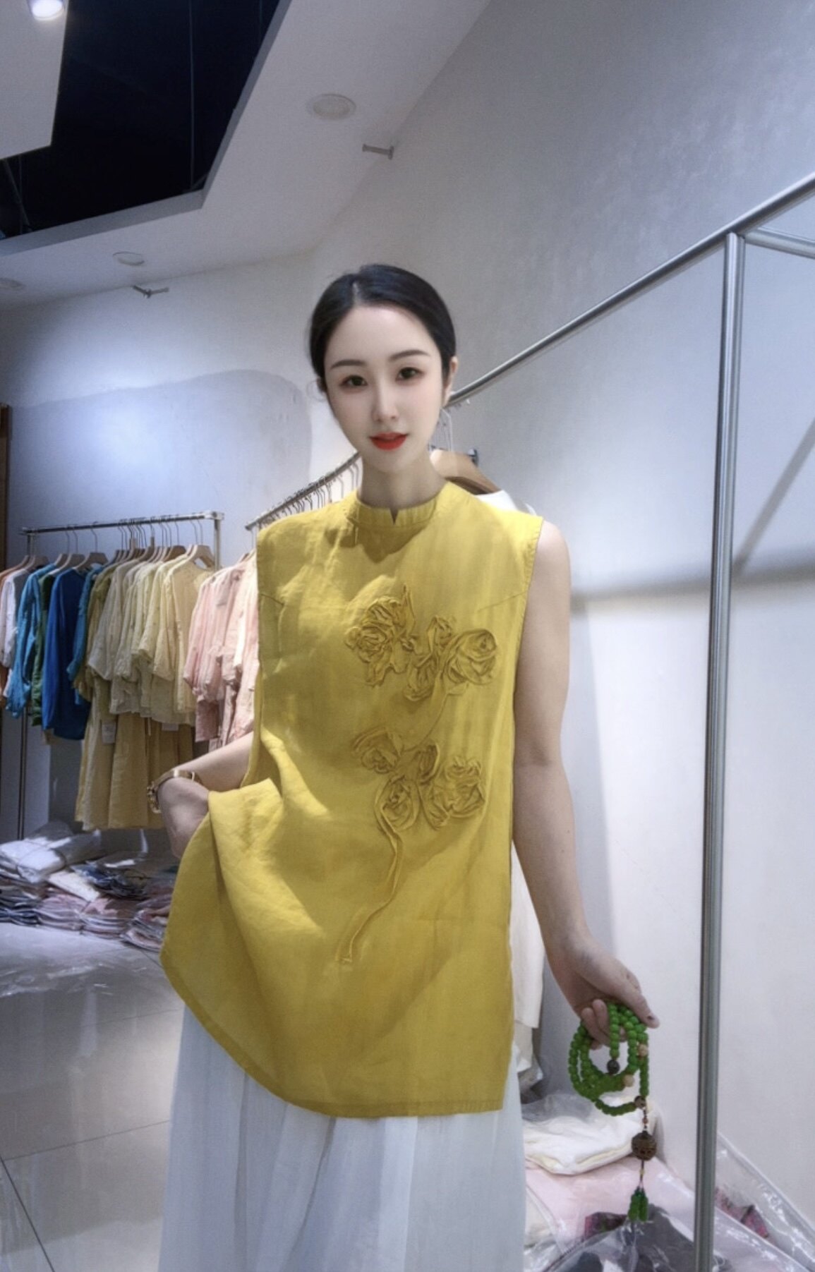 2026夏装新款新中式立体花束刺绣苎麻无袖中长款上衣背心气质上衣