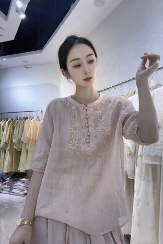 南油高定2026夏季新款复古刺苎麻衬衫女宽松大码纯色简约上衣短袖