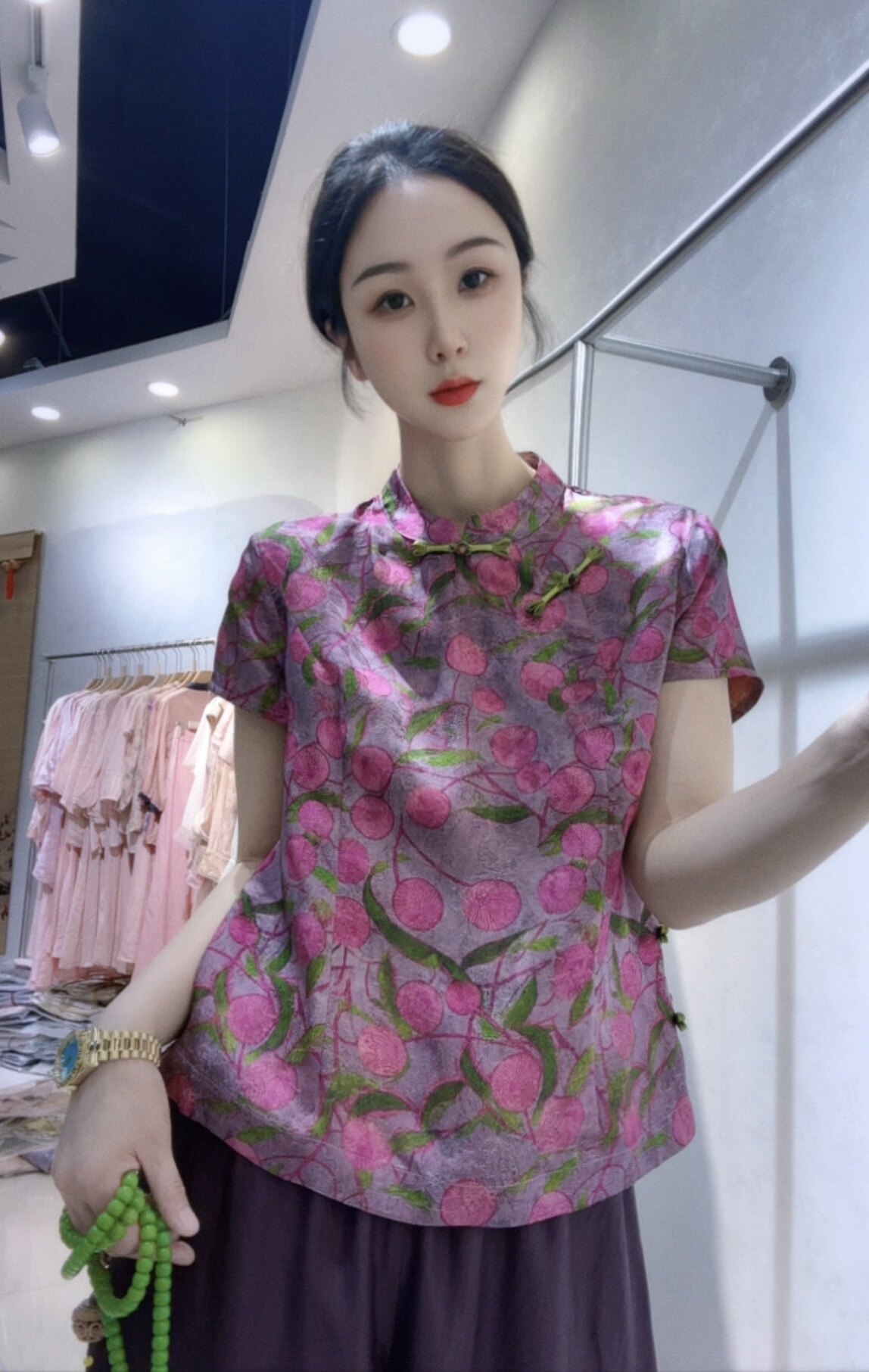 2026新款新中式国风立领斜襟盘扣印花短袖旗袍上衣显瘦百搭衬衫