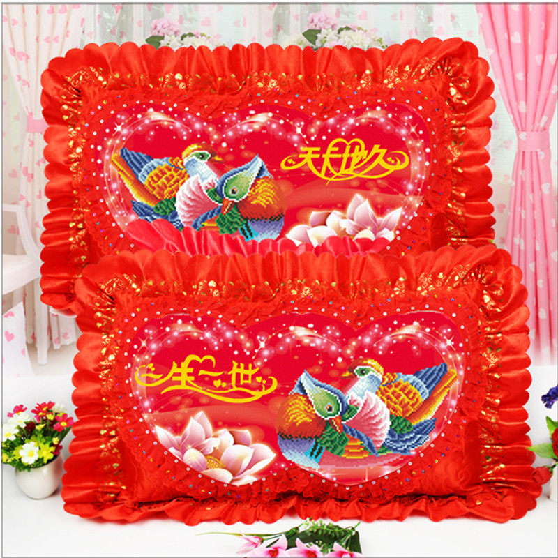 新款5D印花十字绣抱枕单人长枕头套件一对情侣结婚礼喜庆系列卧室