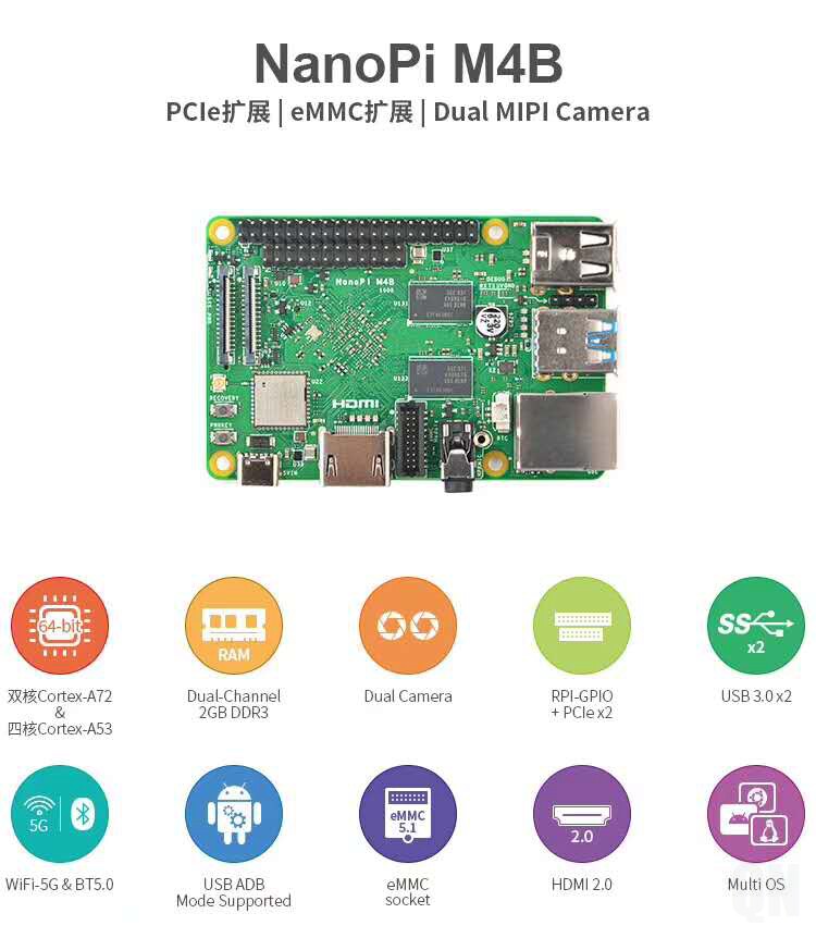NanoPi M4B开发板 RK3399 PCIe扩展2G内存双摄像头4K播放安卓8