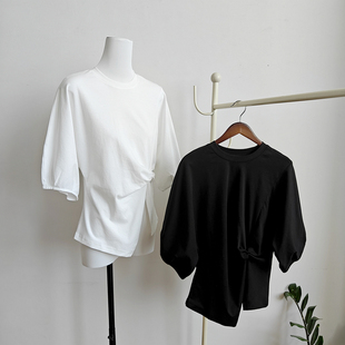 质感不规则不对称夏上衣 丝柔棉纯棉拧结t恤女柔软光泽感T恤五分袖