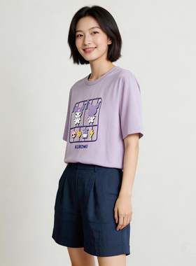 纯棉宽松短袖t恤女士半袖圆领全棉卡通印花T恤紫色少女休闲上衣