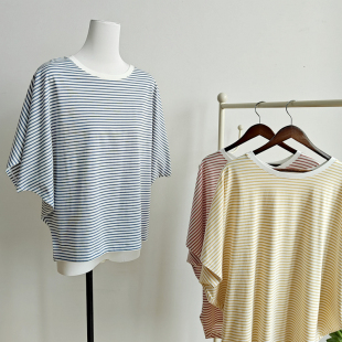 包肩袖 弹力半袖 宽松大码 显瘦遮肉条纹薄款 蝙蝠衫 莫代尔棉女士短袖