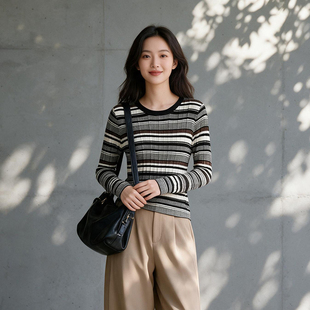 细羊毛针织衫圆领长袖撞色细条纹毛衫女士薄毛衣上衣春秋内搭修身