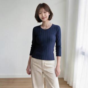 螺纹坑条七分袖弹力打底衫女士圆领长袖t恤纯棉T恤全棉打底衫修身