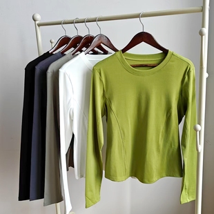 A类兰精莫代尔棉长袖t恤女圆领打底衫内搭拼接收腰弧形下摆弹力