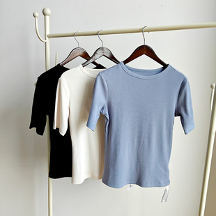 优可丝一字领五分袖t恤女中袖T恤夏季薄款弹力修身显瘦船领打底
