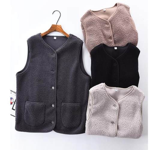 清仓特价 女羊羔绒马甲秋冬马夹背心纯色宽松加厚加绒外搭坎肩