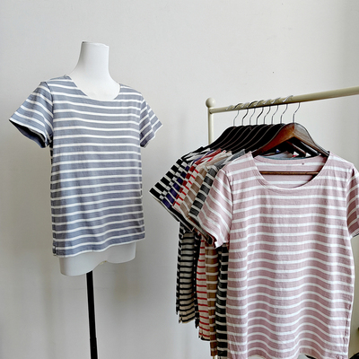 纯棉薄款竹节棉短袖t恤女半袖全棉条纹减龄简约圆领宽松中学生