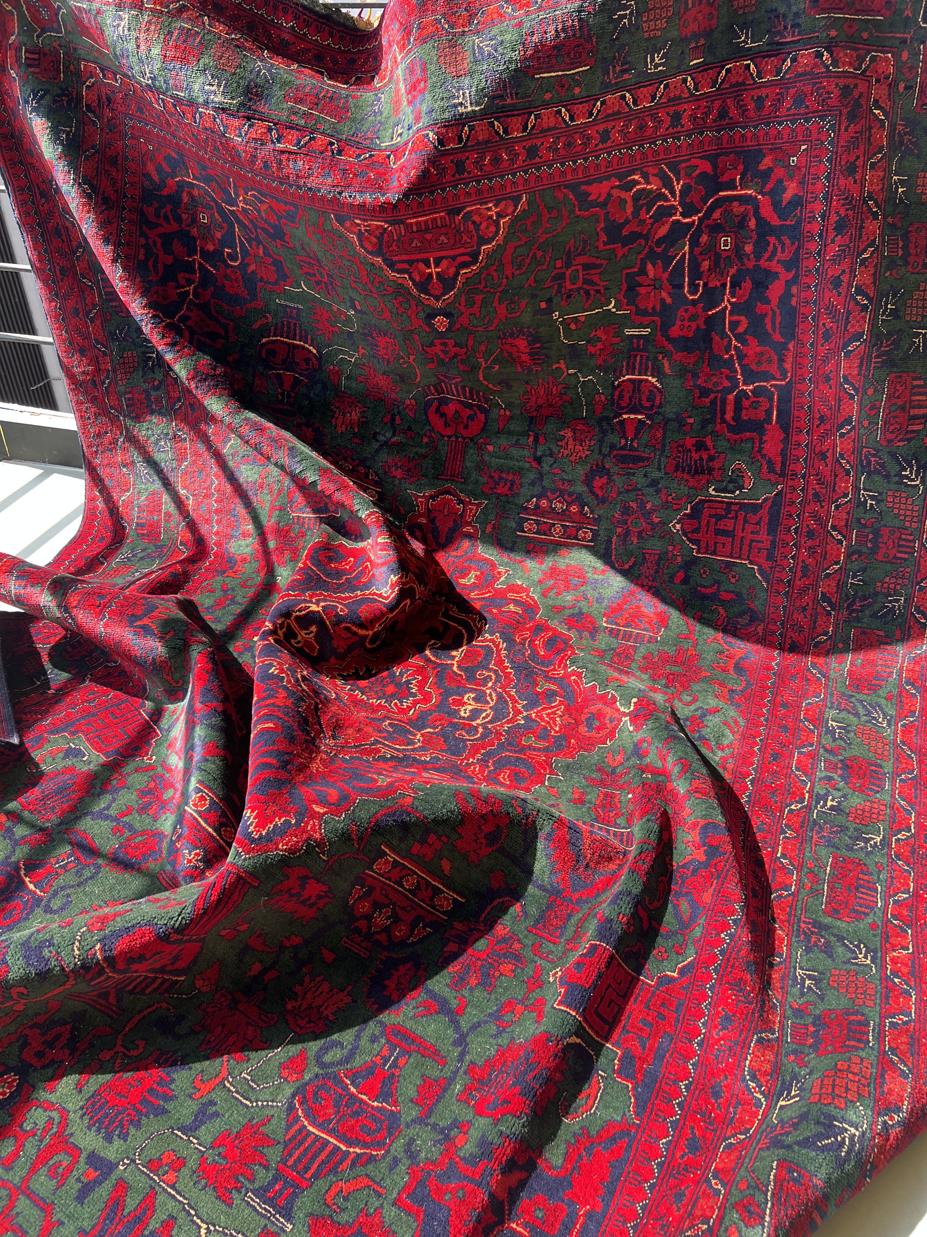 梭罗双树｜200*300左右复古绿阿富汗羊毛手工打结地毯客厅大地毯