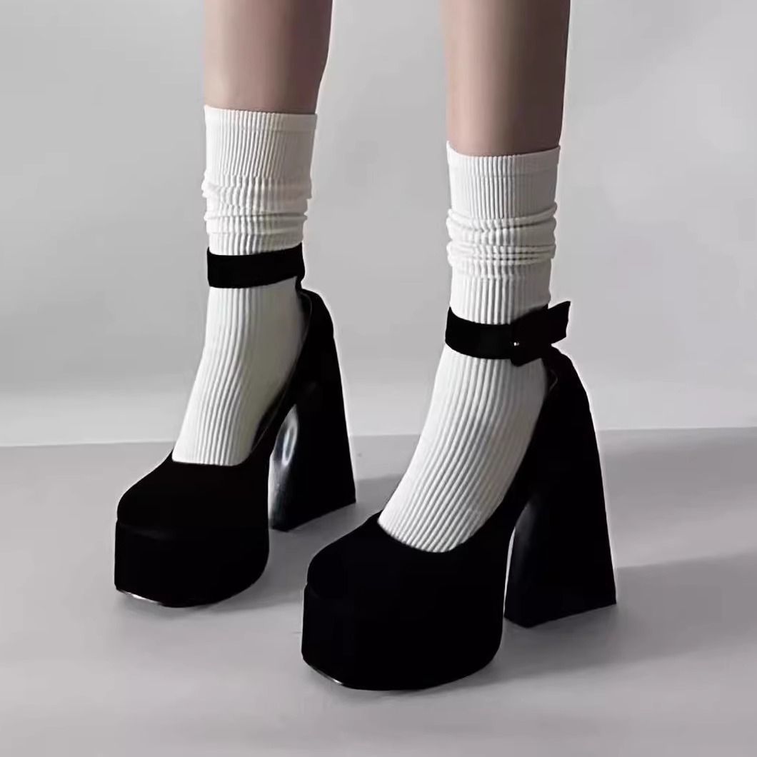 法式单鞋粗跟高跟鞋2025秋季芭比矮子乐防水台厚底一字带玛丽珍鞋