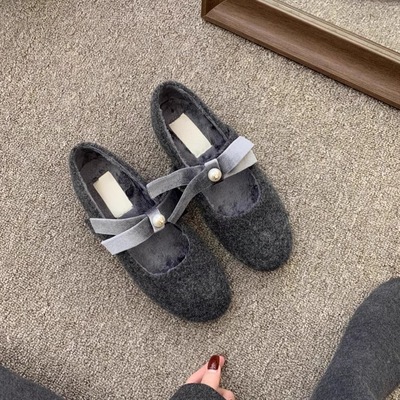 灰色仙女棉鞋韩系毛毛鞋女冬外穿加绒平底法式单鞋新款黑色玛丽珍