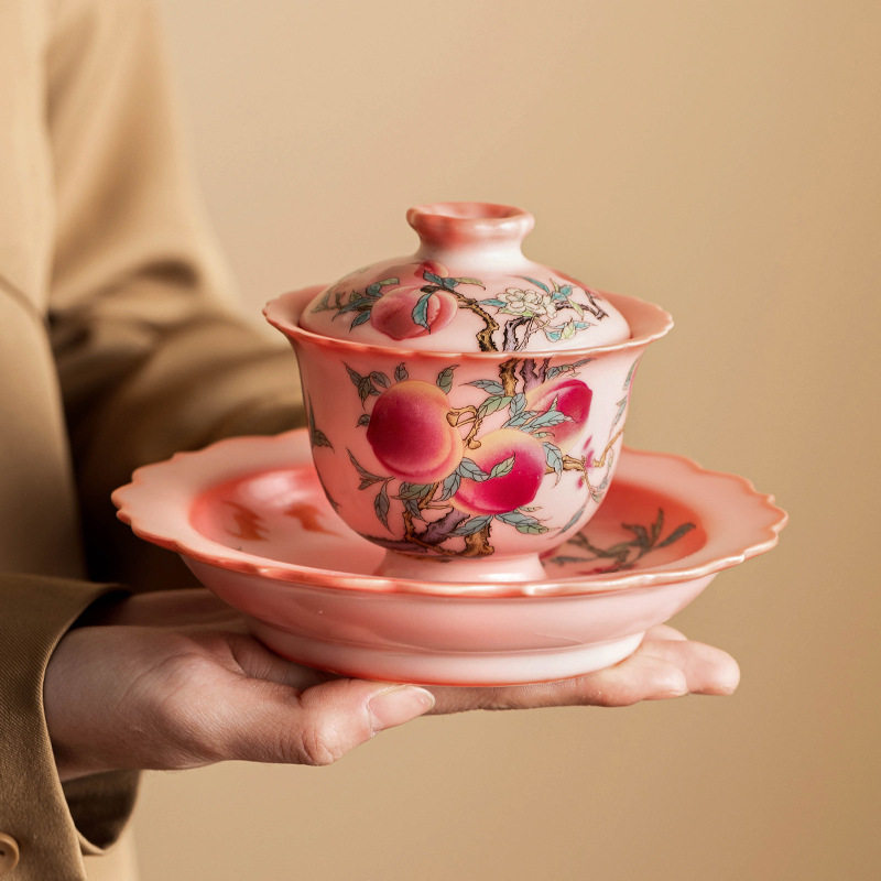粉汝粉彩九桃盖碗陶瓷茶杯家用会客大号中式复古单个高档带盖茶碗,餐饮具,盖碗,淘宝优惠券,粉丝福利购,淘宝优惠卷