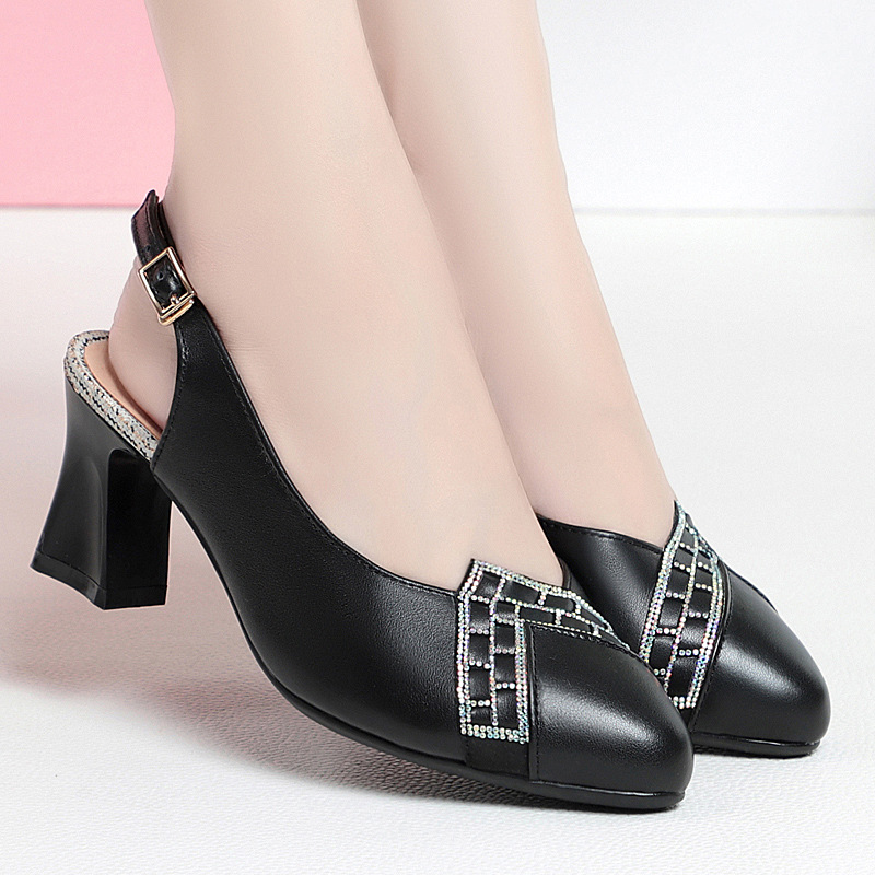 后空单鞋女中跟凉鞋新款秋季真皮高跟鞋粗跟休闲百搭皮鞋大码女鞋