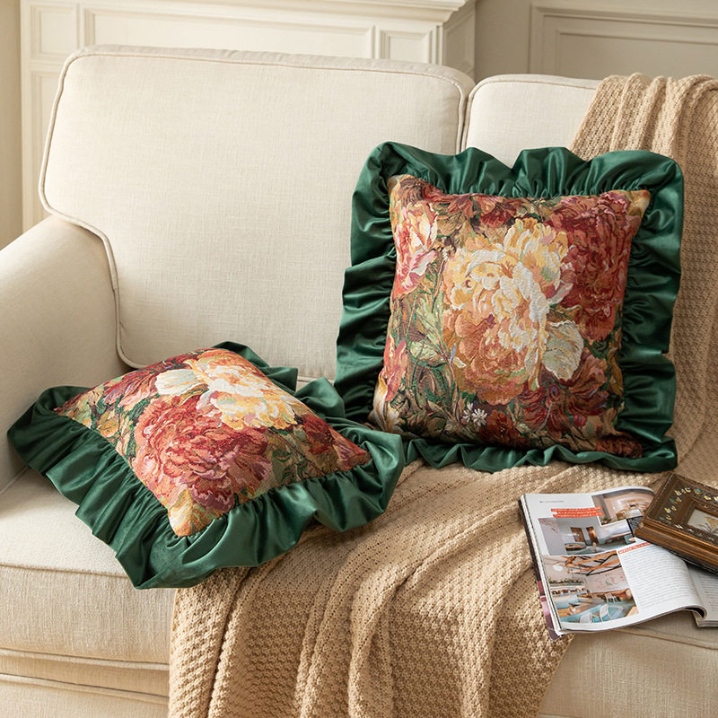客厅装饰沙发抱枕高级感花卉木耳边枕头靠枕两用家居卧室床头靠垫