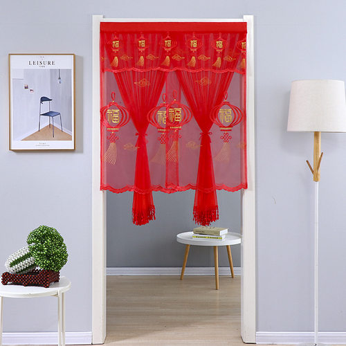 新款 大红婚庆结婚喜庆免打孔门帘双层遮光帘纱帘 帘子防蚊装饰帘