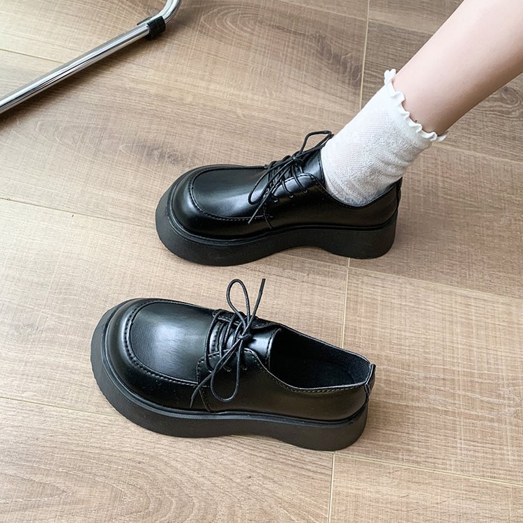 2025秋季新款英伦风厚底单鞋圆头系带小皮鞋时尚平底女鞋批发