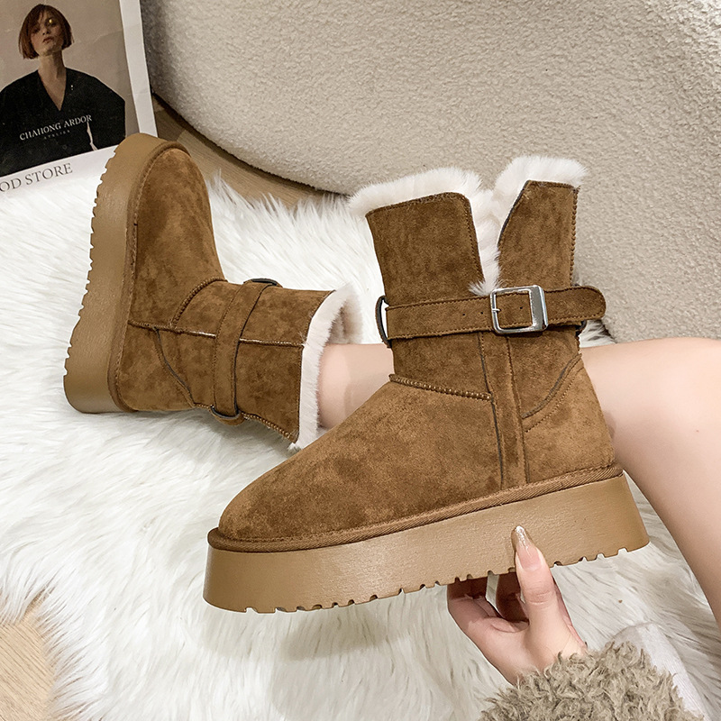 2024冬季两穿翻领加厚雪地靴新款厚底皮带扣保暖棉鞋女毛毛中筒靴