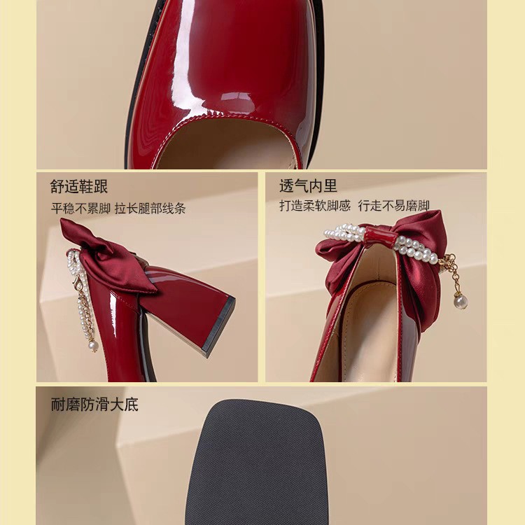 568-10A方头高跟鞋女粗跟一字带珍珠链条米白色皮面防水台玛丽珍