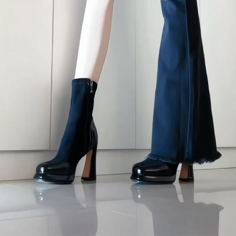 防水台粗跟方头绒面短靴韩版小个子黑色显瘦高跟马丁靴2024秋冬季