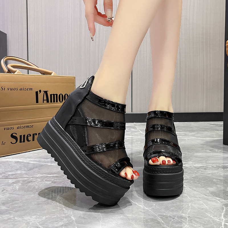 厚底松糕凉靴女夏季性感鱼嘴网纱内增高鞋时尚后拉链超高跟凉鞋潮