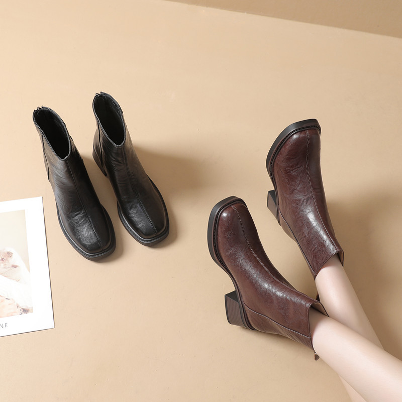 2024秋冬马丁靴女单靴厚底方头真皮短靴女冬季加绒复古软底中筒靴