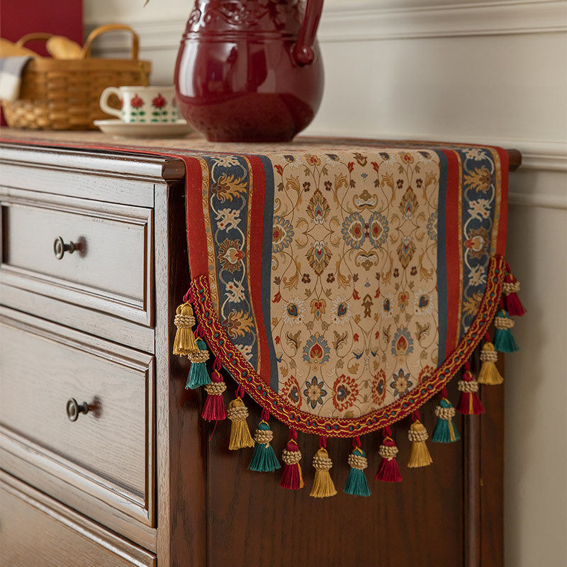 家用客厅餐桌旗美式复古流苏茶旗布高级感电视柜桌茶桌布斗柜盖布