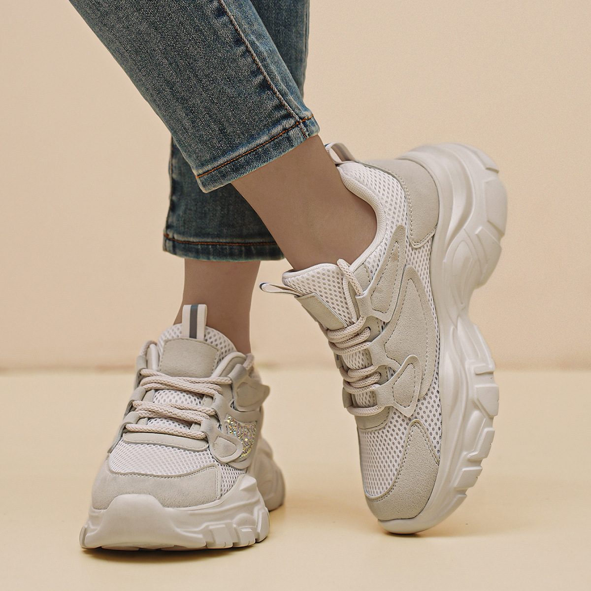 2024夏季网面运动老爹鞋女厚底增高ins爆款时尚百搭透气软底单鞋