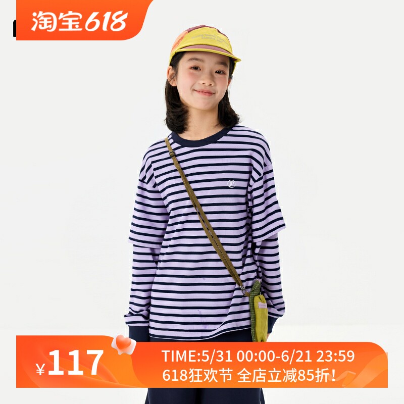 梨小闲原创女童百搭条纹长袖T恤中大童春新款上衣儿童宽松休闲t