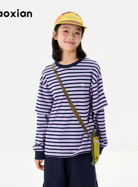 梨小闲原创女童百搭条纹长袖T恤中大童春新款上衣儿童宽松休闲t