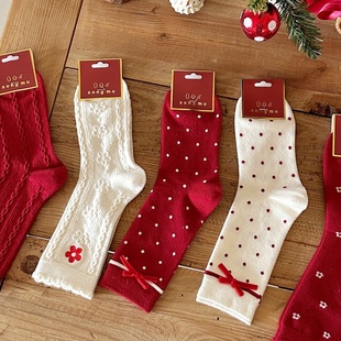 冬季 兔绒大红袜子女本命年新年袜丝绒蝴蝶结森系女士中筒鸿运袜子