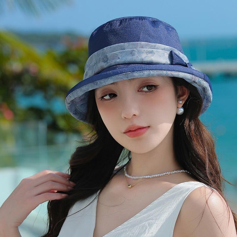 夏季女轻薄欧根纱蝴蝶结渔夫帽休闲百搭中老年遮阳帽子可折叠盆帽