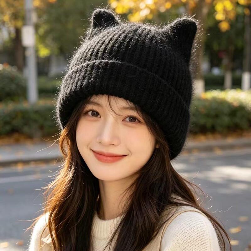 新款安哥拉兔毛针织帽子女冬季双层加厚加绒可爱毛绒猫耳朵套头帽