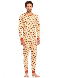 男士春秋舒适螺纹男装纯棉长袖家居服打底秋裤秋衣 黄袋鼠  XS-XL