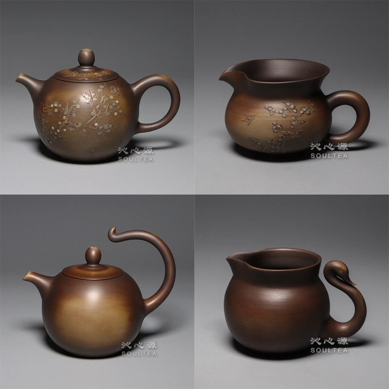 台湾张自立 张世奇 窑变雕刻壶 荷花 梅花 山水 纯手工