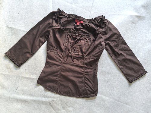 外贸原单春夏新品纯棉荷叶边高腰修身大领口露肩装七分袖小衫女