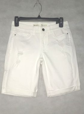 夏季新品外贸原单中腰弹力显瘦白色破洞翻边牛仔裤短裤三分裤大码