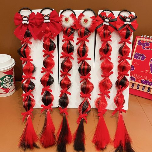 儿童新年红色甜酷假发辫子发饰可爱甜美泡泡辫女孩喜庆灯笼辫皮筋