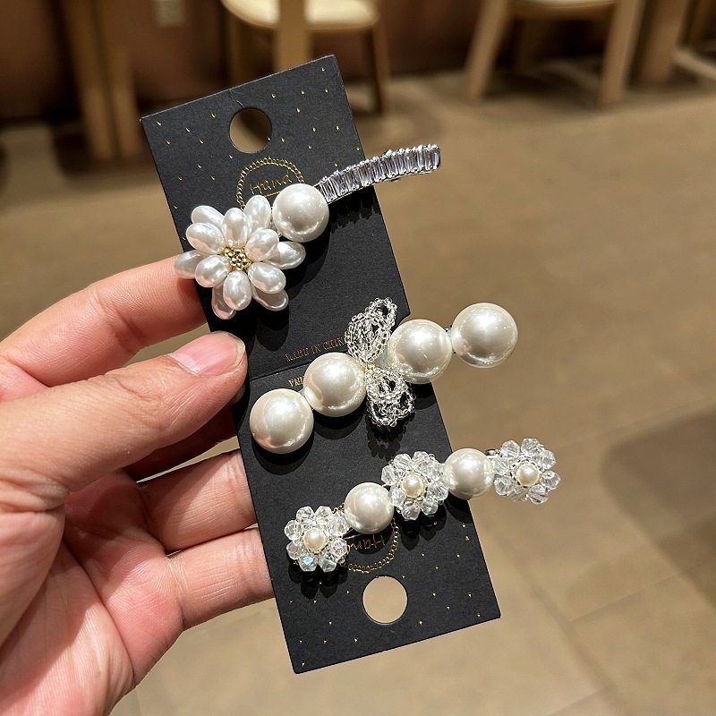 韩国轻奢珍珠发夹鸭嘴夹清新甜美侧边夹蝴蝶结一字夹发卡头饰批发