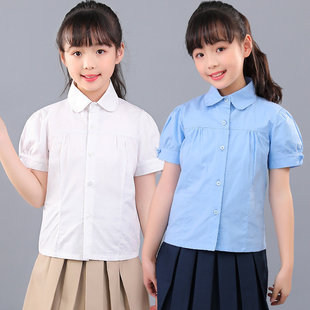 纯棉学院风白色蓝圆领衬衫 兰诗款 薄款 女童短袖 中大童校服 衬衣夏季