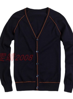 伊顿校服同款藏青橙色全棉V领开襟毛衫春秋款开衫针织外套18M005