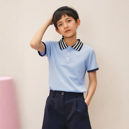 特 校服同款英伦学院浅蓝珠地网眼短袖T恤中小学生夏季男女童短裤