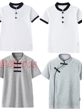 伊顿校服校服男童女童中式盘扣立领白色灰色男女款短袖T恤17T022
