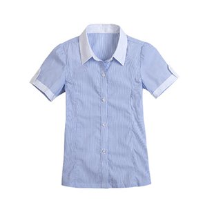 伊顿款新款短袖白蓝细间条衬衫女童棉单层夏季学院衬衣校服表演服