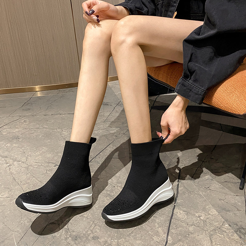 2020秋冬新款坡跟短靴女厚底鞋弹力布袜子鞋平底裸靴休闲鞋女靴子