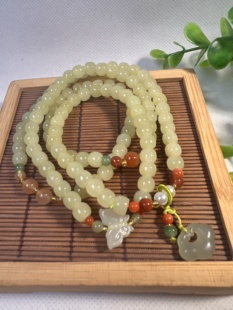 新疆和田玉黄玉多圈手链天然玉石若羌黄玉老型珠手串项链配证书