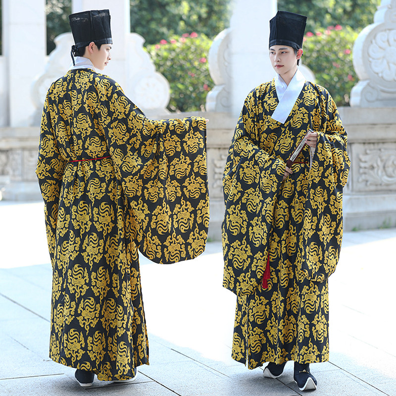 男款汉服明制道袍黑色无极灵芝纹图片