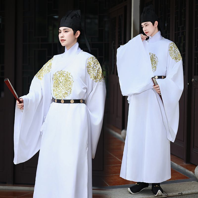 现货汉服男圆领袍唐白色成对金兽