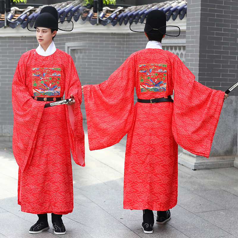 汉服男装明制婚服红色锦鸡文官服